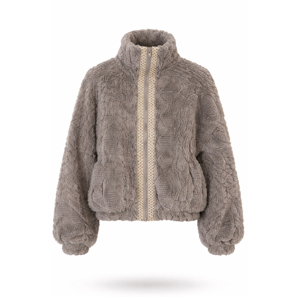 April‎ Kiss Los Angeles Grey Faux Fur Teddy Jacket Zip Up Geometric Trim Small